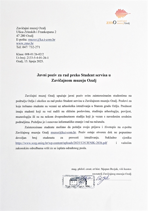 Javni poziv za rad preko Student servisa u Zavičajnomm muzeju Ozalj